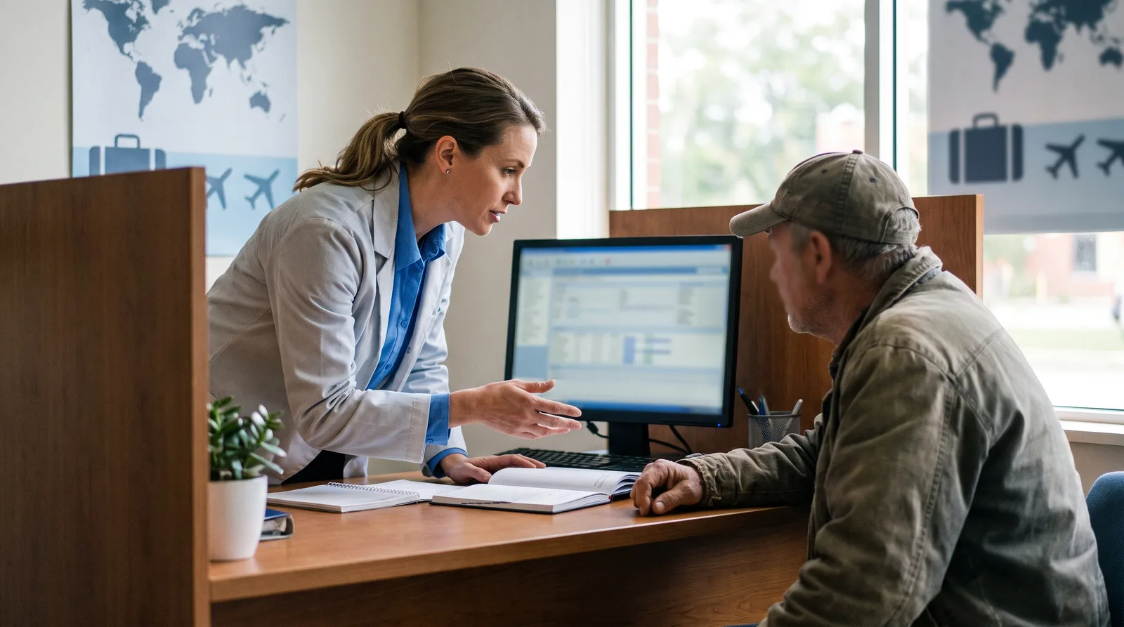 Pharmacist consulting a patient about pharmacy travel health services and vaccines