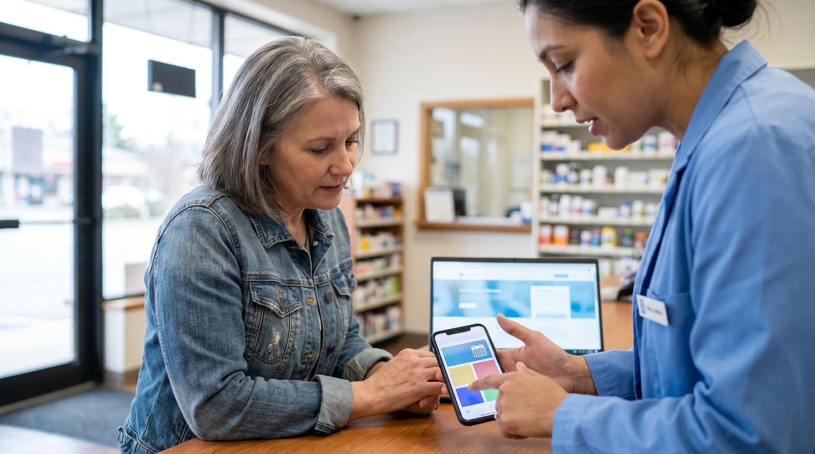 Pharmacist helping a patient set up a pharmacy website patient portal and refill app on a smartphone at the counter