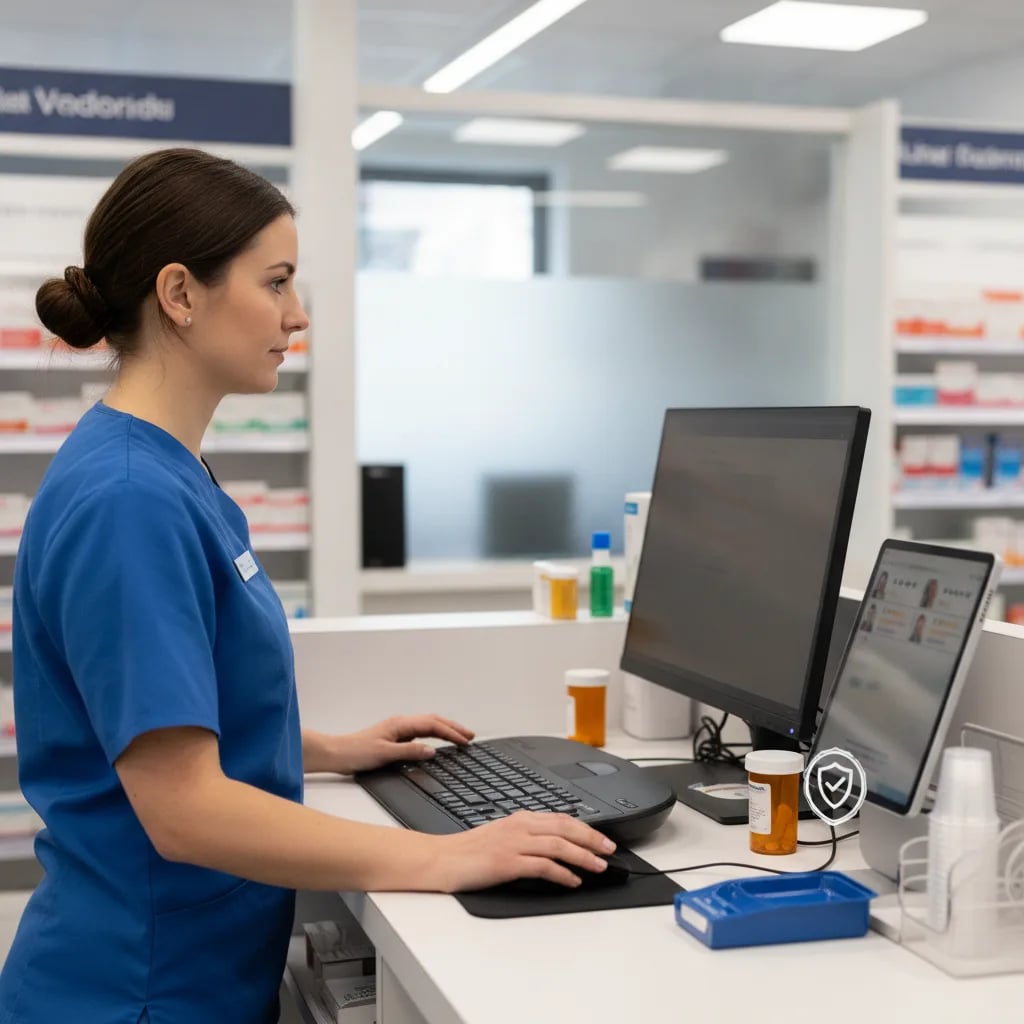 Independent pharmacy website displaying trust signals: licensing badges, patient reviews, and real storefront photos