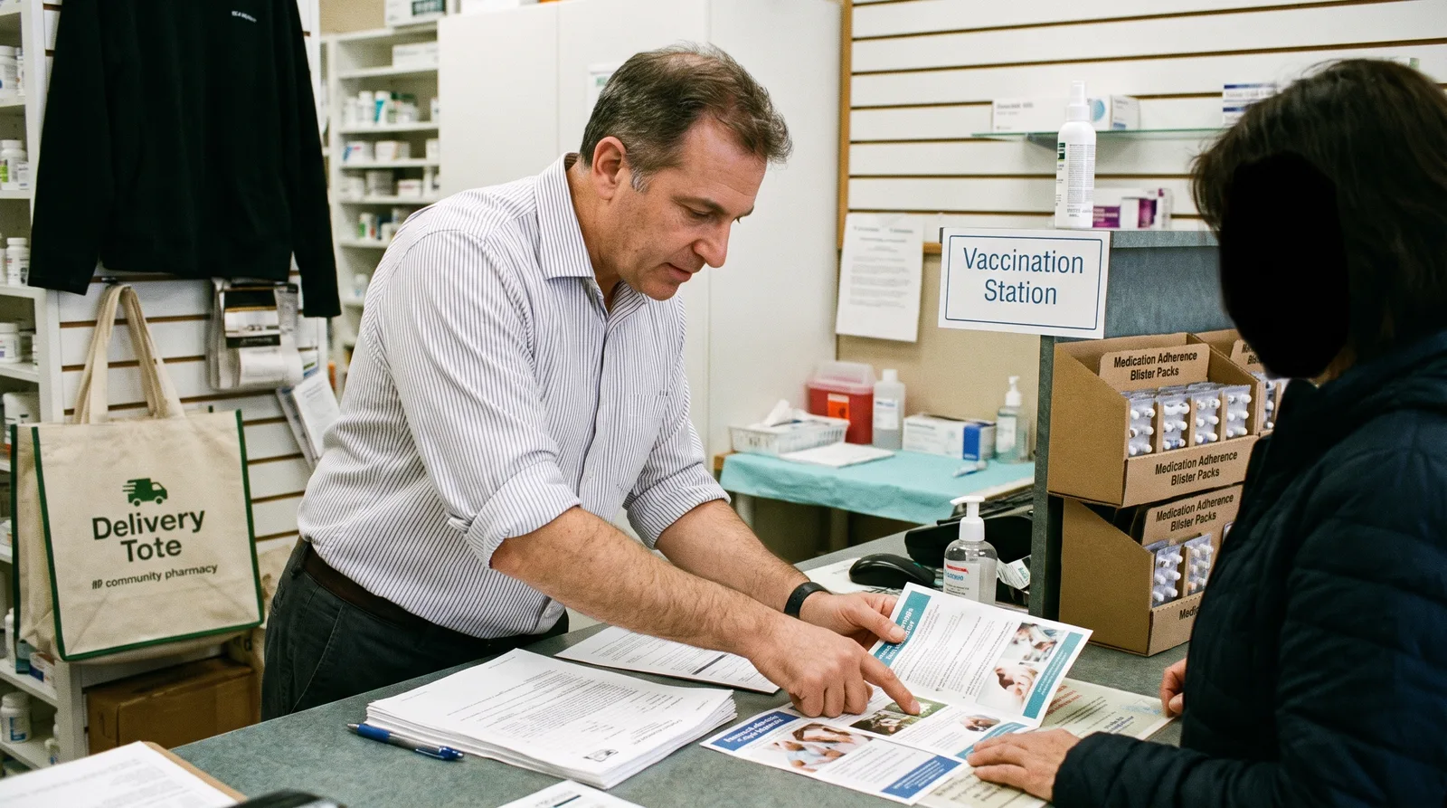 Independent pharmacist reviewing new revenue services such as vaccines and medication packaging at the pharmacy counter