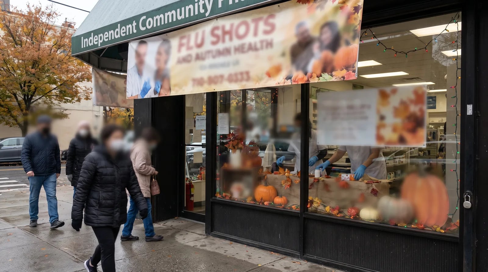 Independent pharmacy seasonal ad campaigns displayed on a phone screen during flu season