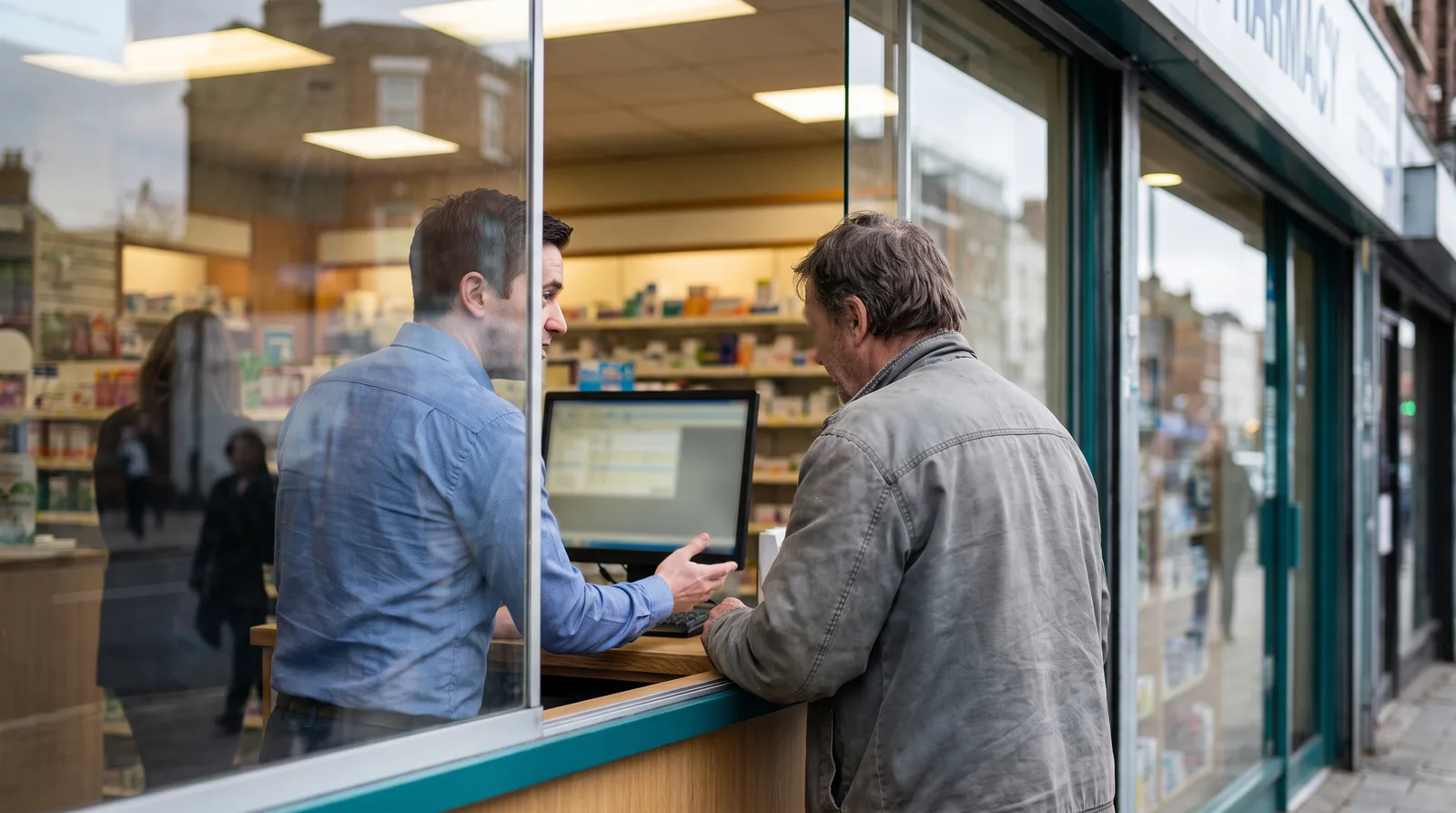 Pharmacist reviewing specialty pharmacy marketing and referral tracking data on a laptop