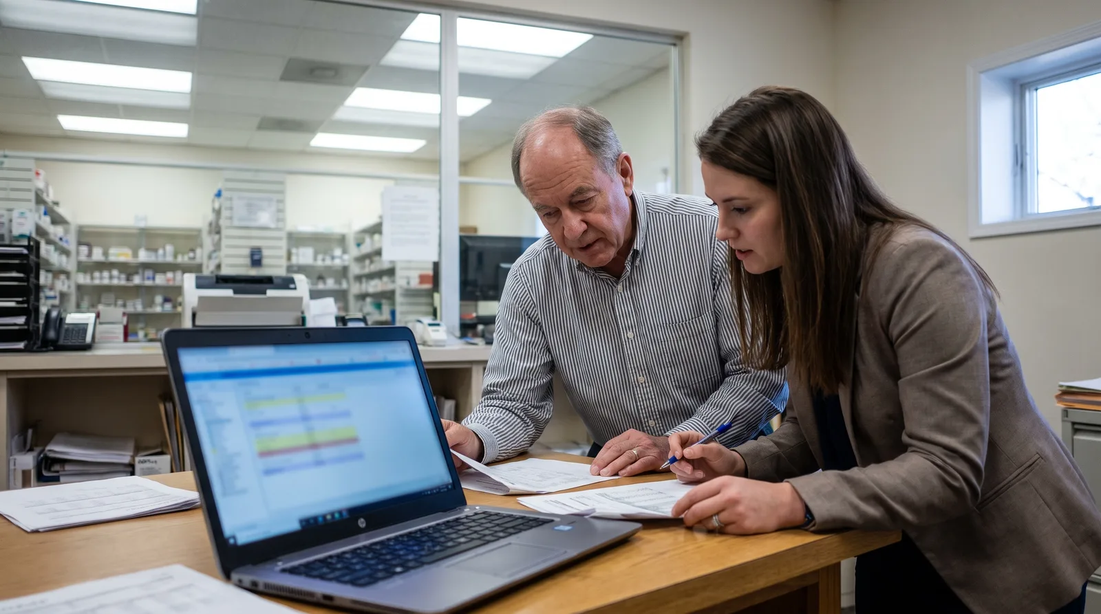 Virginia independent pharmacy marketing agency strategist reviewing local search results with a pharmacy owner at the counter