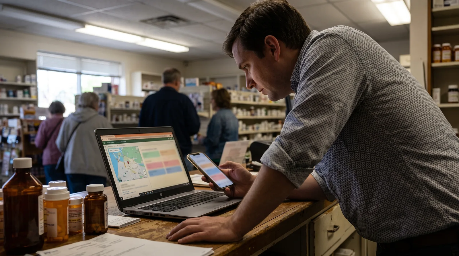 Independent pharmacy owner in Virginia reviewing a Google Maps listing on a laptop and smartphone at the pharmacy counter