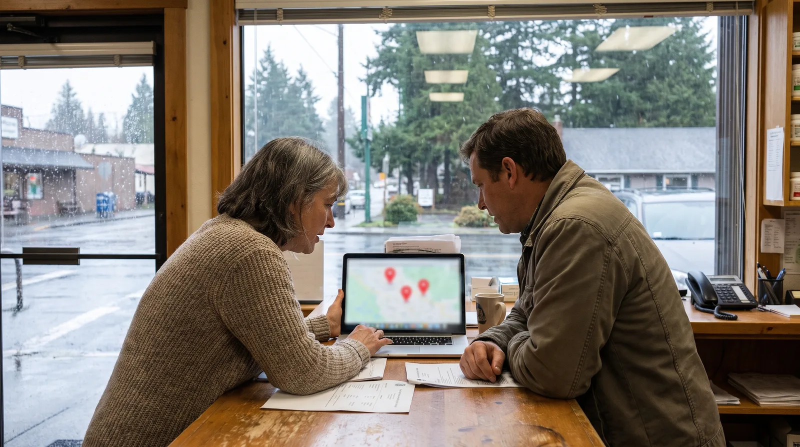 Washington pharmacy local SEO specialist reviewing Google map pack results with an independent pharmacy owner at the counter