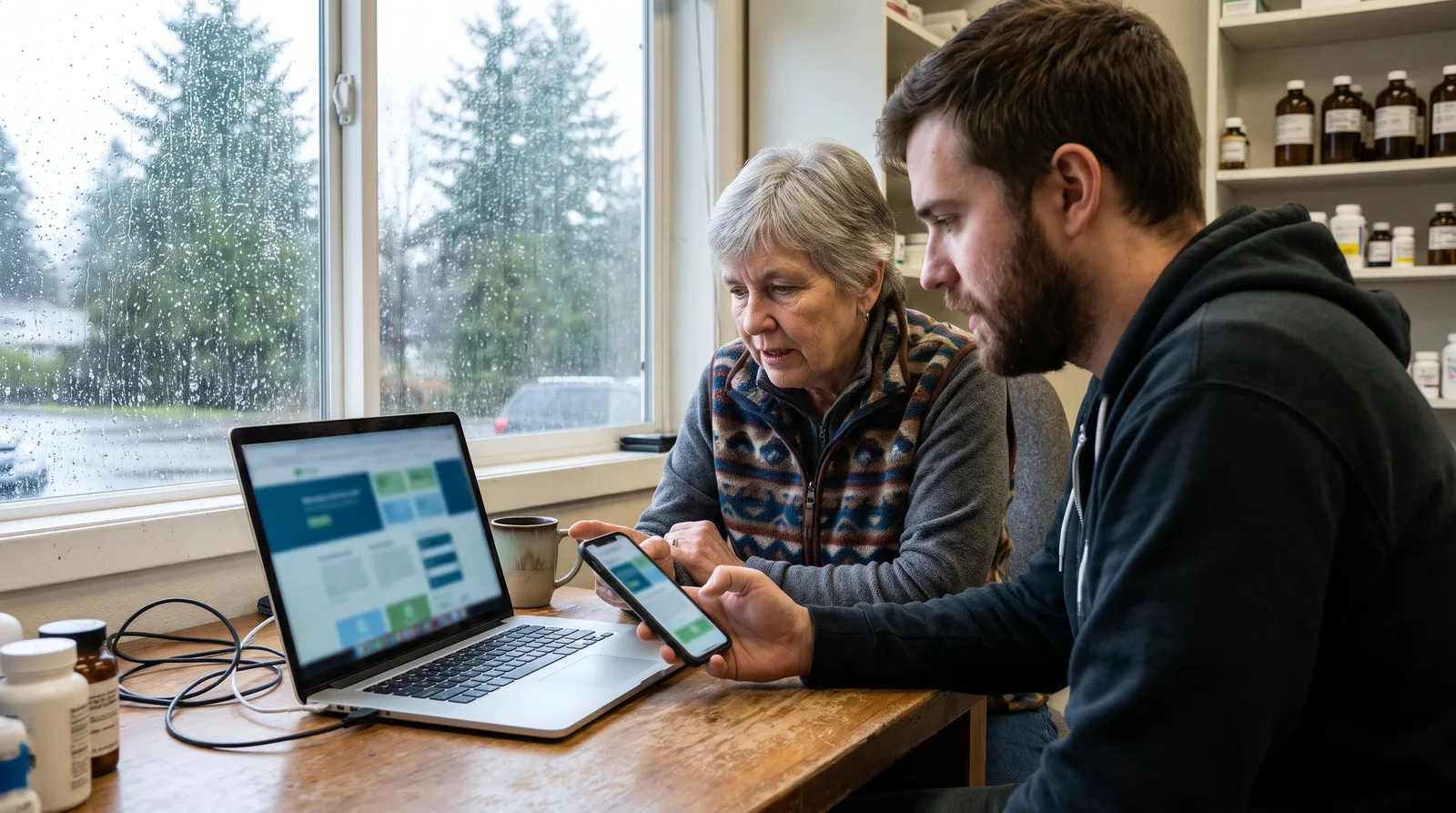 Washington State independent pharmacy web development specialist reviewing a pharmacy website on a laptop with the pharmacy owner
