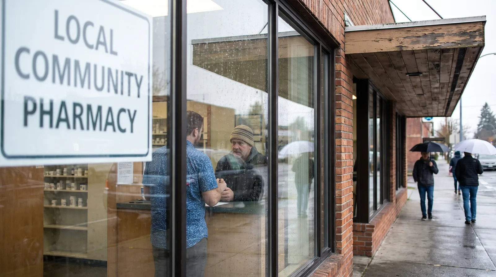 Washington State pharmacy marketing agency strategist reviewing local search results with an independent pharmacy owner at the counter
