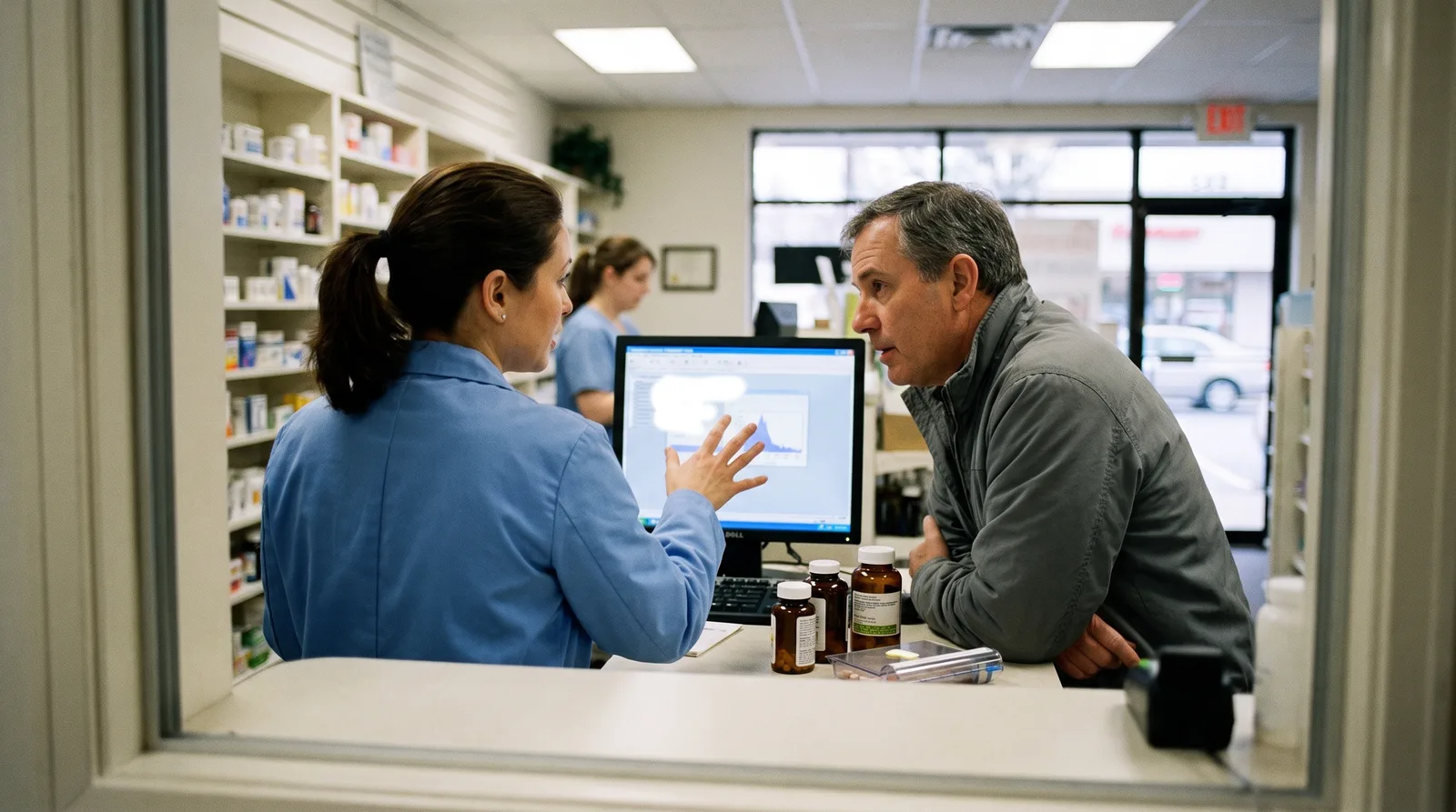 Pharmacy SEO expert reviewing local search results with an independent pharmacist at the counter